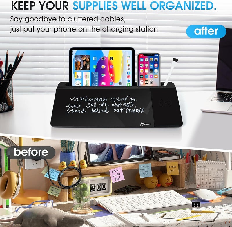 Varhomax Glass Desk Whiteboard Black with Wireless Charger, Desktop Dry Erase White Board with Storage,to Do List Memo Notepad for Home and Office - Image 4